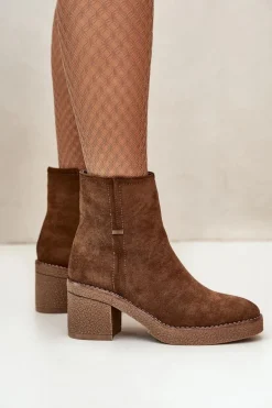 Botki Damskie Na Słupku Ocieplane Eko Zamszowe Brązowe Arkesia