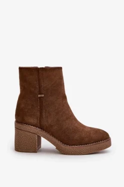 Botki Damskie Na Słupku Ocieplane Eko Zamszowe Brązowe Arkesia