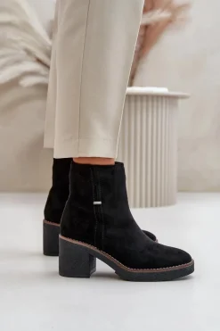 Botki Damskie Na Słupku Ocieplane Eko Zamszowe Czarne Arkesia