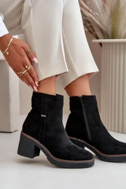 Botki Damskie Na Słupku Ocieplane Eko Zamszowe Czarne Arkesia