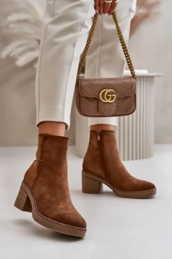 Botki Damskie Na Słupku Ocieplane Eko Zamszowe Khaki Arkesia