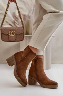 Botki Damskie Na Słupku Ocieplane Eko Zamszowe Khaki Arkesia