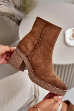 Botki Damskie Na Słupku Ocieplane Eko Zamszowe Khaki Arkesia