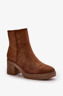 Botki Damskie Na Słupku Ocieplane Eko Zamszowe Khaki Arkesia