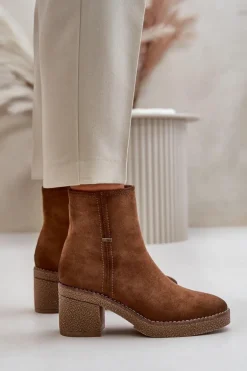 Botki Damskie Na Słupku Ocieplane Eko Zamszowe Khaki Arkesia