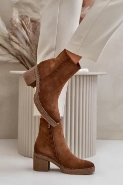 Botki Damskie Na Słupku Ocieplane Eko Zamszowe Khaki Arkesia