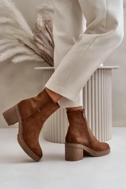 Botki Damskie Na Słupku Ocieplane Eko Zamszowe Khaki Arkesia