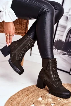 Botki Damskie Na Słupku Ocieplane Khaki Vimen