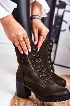 Botki Damskie Na Słupku Ocieplane Khaki Vimen