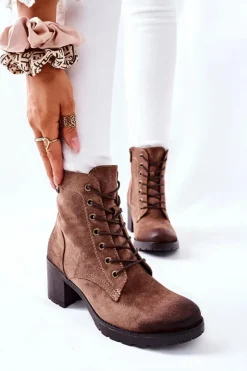 Botki Damskie Na Słupku Ocieplane Zamszowe Beżowe Dunaff