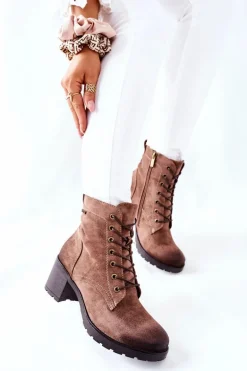 Botki Damskie Na Słupku Ocieplane Zamszowe Beżowe Dunaff