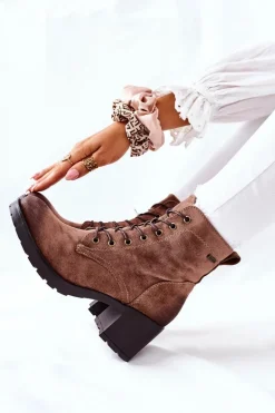 Botki Damskie Na Słupku Ocieplane Zamszowe Beżowe Dunaff