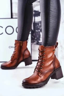 Botki Damskie Na Słupku Ocieplane Brązowe Fiber