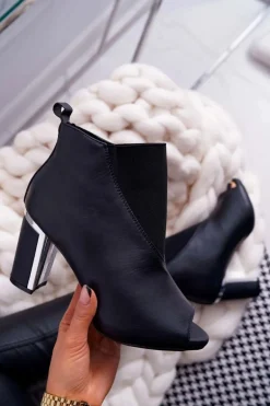 Botki Damskie na Słupku Odkryte Palce Wsuwane Czarne Germen