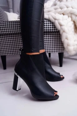 Botki Damskie na Słupku Odkryte Palce Wsuwane Czarne Germen