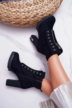Botki Damskie Na Słupku Ozdobny Suwak Zamsz Czarne Imagine
