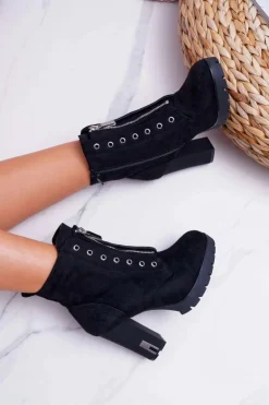 Botki Damskie Na Słupku Ozdobny Suwak Zamsz Czarne Imagine