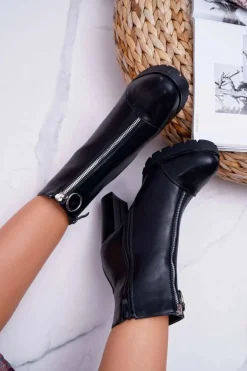 Botki Damskie Na Słupku Ozdobny Suwak Czarne Senuto