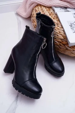 Botki Damskie Na Słupku Ozdobny Suwak Czarne Senuto