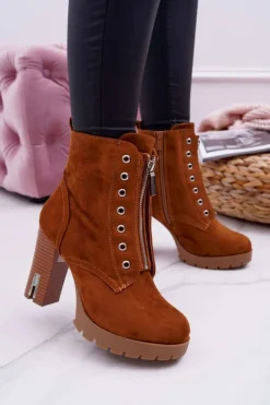 Botki Damskie Na Słupku Ozdobny Suwak Zamsz Camel Imagine