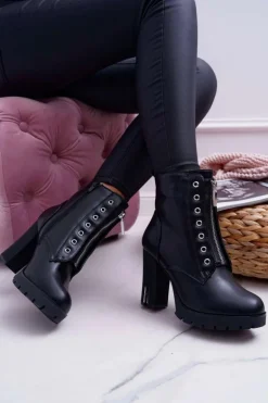 Botki Damskie Na Słupku Ozdobny Suwak Czarne Imagine