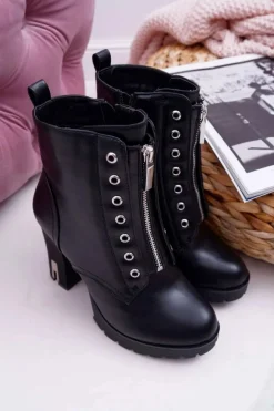 Botki Damskie Na Słupku Ozdobny Suwak Czarne Imagine