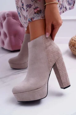 Botki Damskie na Słupku Platformie Zamszowe Beżowe Celinne