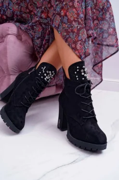 Botki Damskie na Słupku Platformie Zamszowe Czarne Fieste