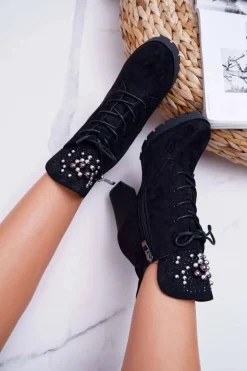 Botki Damskie na Słupku Platformie Zamszowe Czarne Fieste