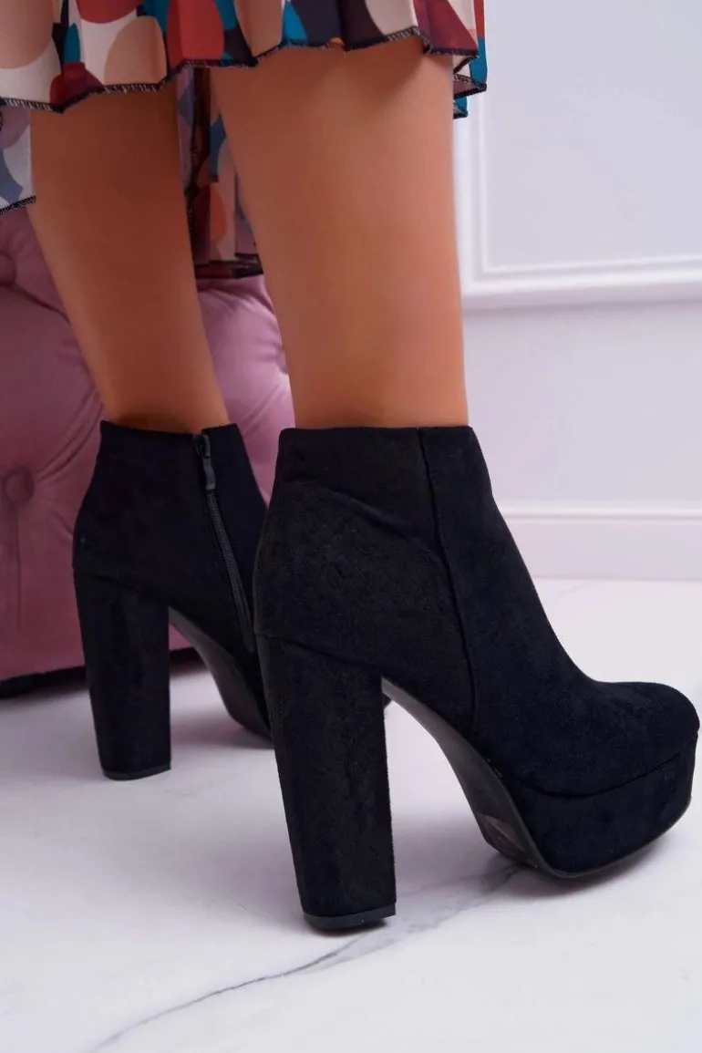 Botki Damskie na Słupku Platformie Zamszowe Czarne Celinne