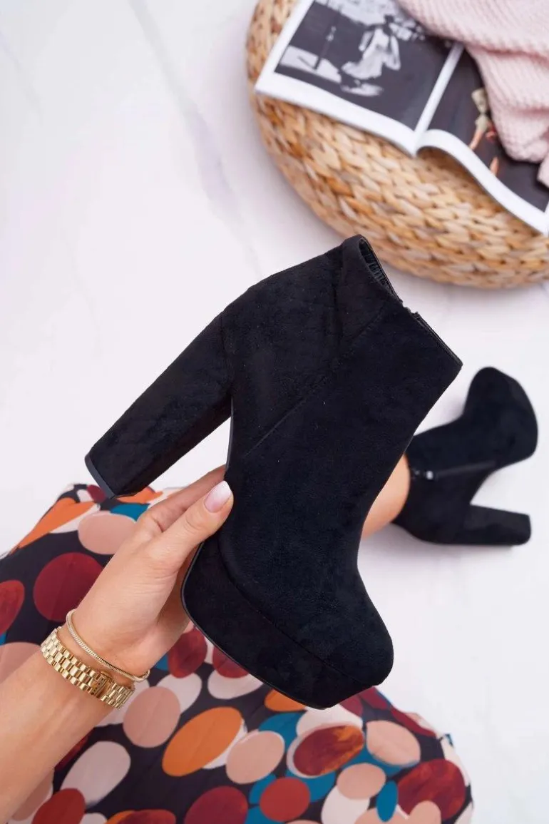 Botki Damskie na Słupku Platformie Zamszowe Czarne Celinne