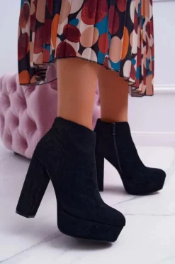 Botki Damskie na Słupku Platformie Zamszowe Czarne Celinne