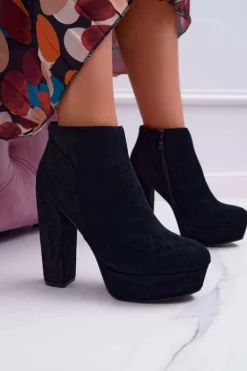 Botki Damskie na Słupku Platformie Zamszowe Czarne Celinne