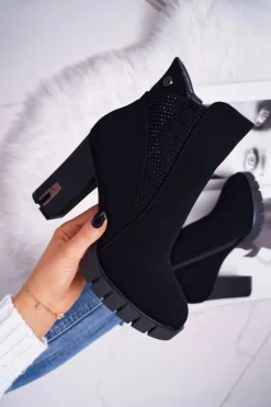 Botki Damskie na Słupku Platformie Z Cyrkoniami Czarne Deren