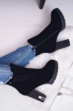 Botki Damskie na Słupku Platformie Z Cyrkoniami Czarne Deren