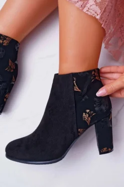 Botki Damskie Na Słupku Sergio Leone W Złote Kwiaty Folk Czarne Eros2