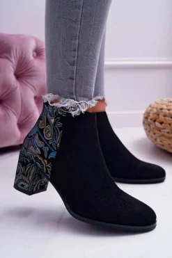 Botki Damskie Na Słupku Sergio Leone W Kwiaty Folk Czarne Eros2