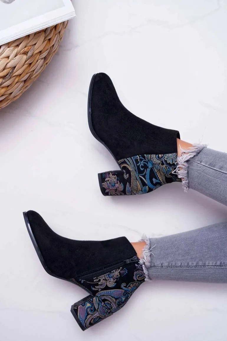 Botki Damskie Na Słupku Sergio Leone W Kwiaty Folk Czarne Eros2