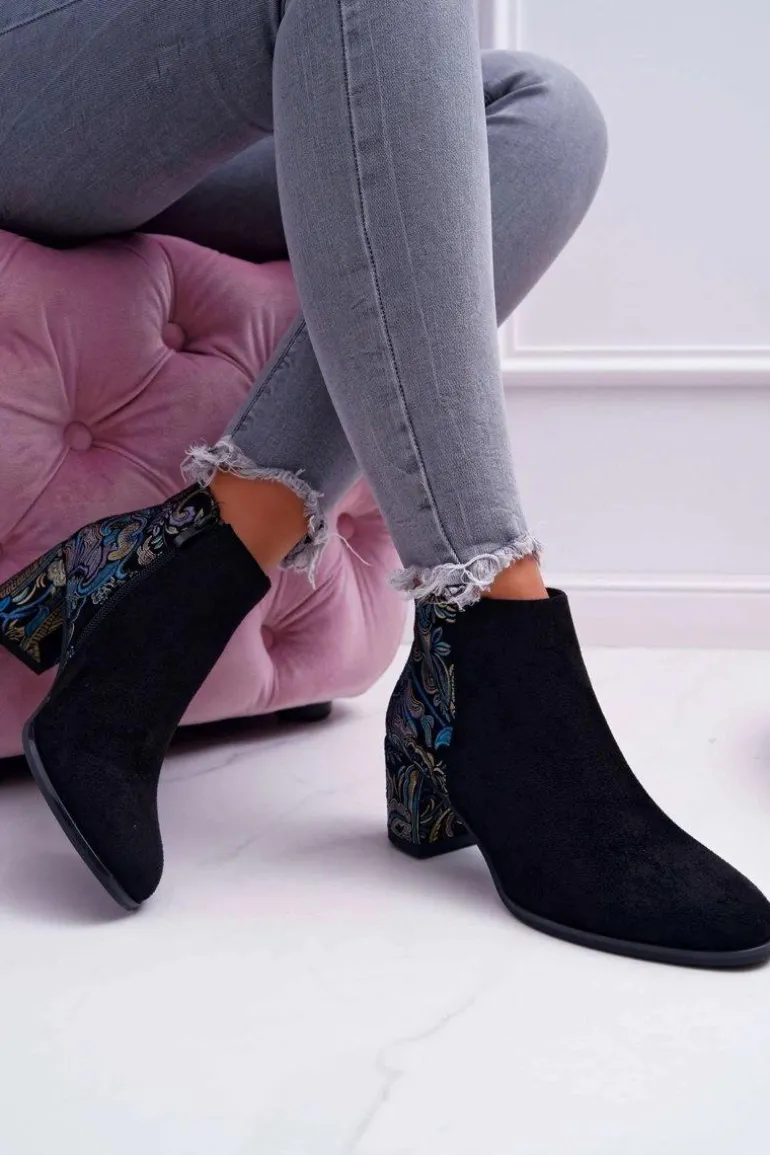 Botki Damskie Na Słupku Sergio Leone W Kwiaty Folk Czarne Eros2