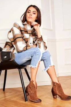 Botki Damskie Na Słupku Skórzane Welurowe Kowbojki Exquisite Brązowe 1170