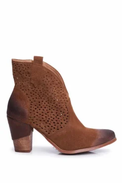 Botki Damskie Na Słupku Skórzane Welurowe Kowbojki Exquisite Brązowe 1170