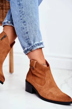 Botki Damskie Na Słupku Skórzane Big Star Camel GG274330