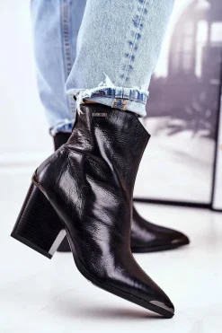 Botki Damskie Na Słupku Skórzane Big Star Czarne GG274919