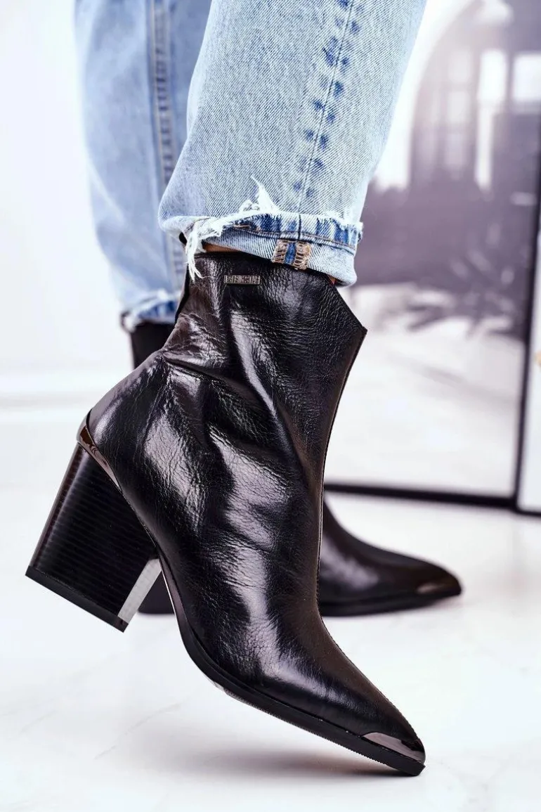 Botki Damskie Na Słupku Skórzane Big Star Czarne GG274919