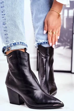 Botki Damskie Na Słupku Skórzane Big Star Czarne GG274919