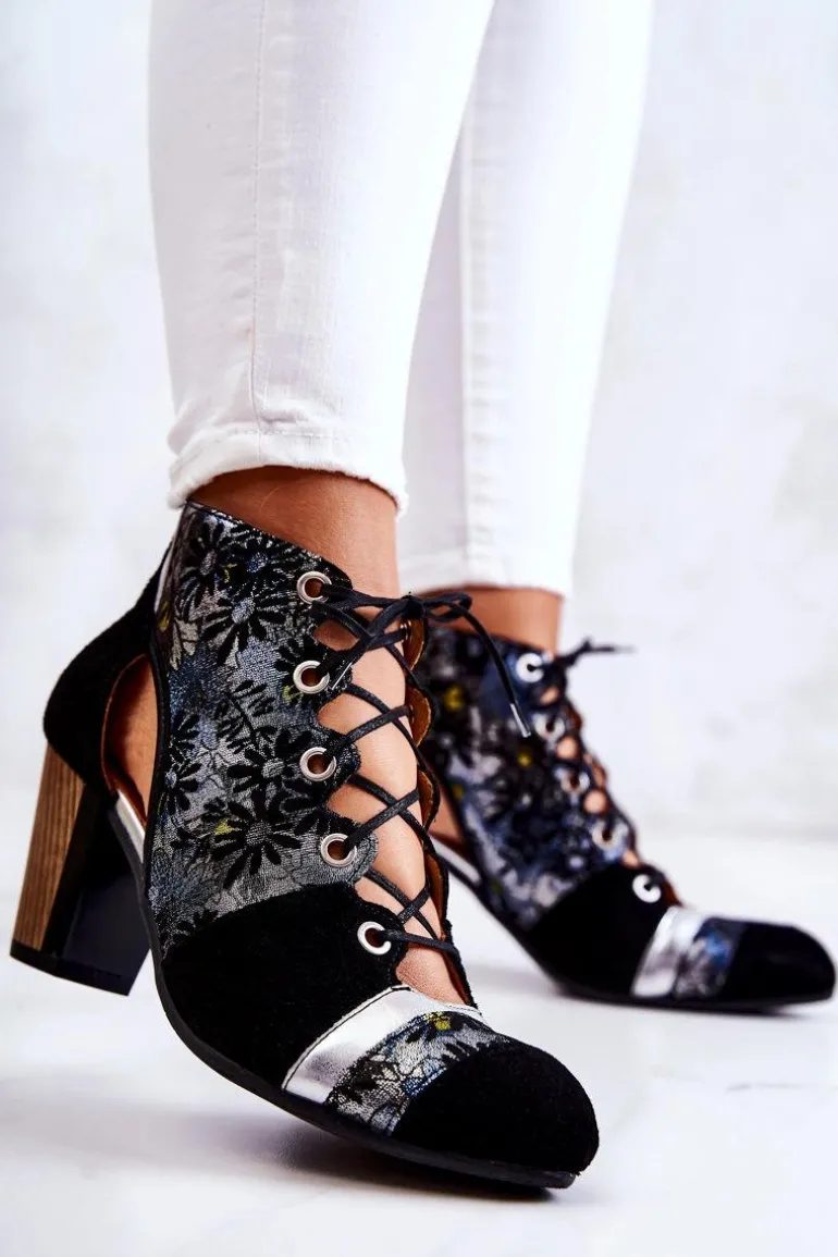 Botki Damskie Na Słupku Skórzane Maciejka Wiosenne 03938-01 Czarne