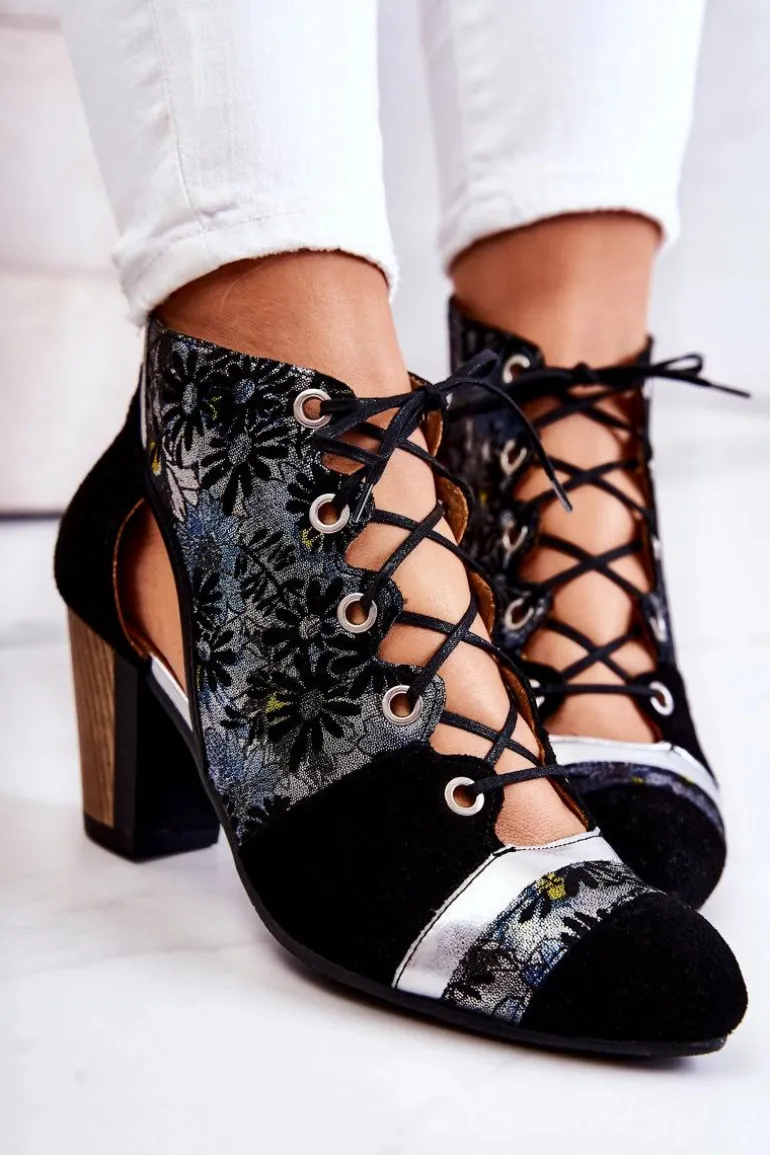 Botki Damskie Na Słupku Skórzane Maciejka Wiosenne 03938-01 Czarne