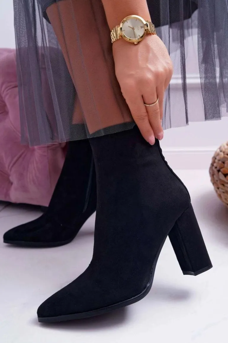 Botki Damskie Na Słupku Suwak W Szpic Zamszowe Czarne Ferol