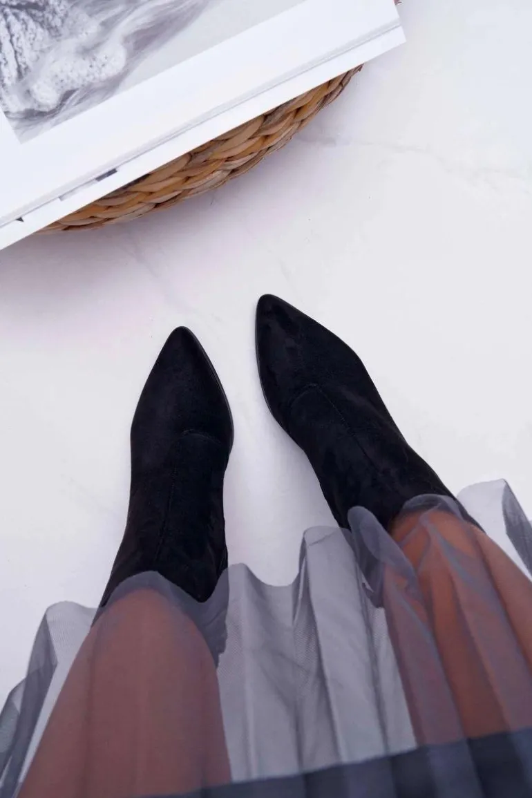 Botki Damskie Na Słupku Suwak W Szpic Zamszowe Czarne Ferol