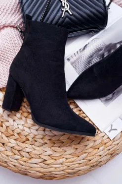 Botki Damskie Na Słupku Suwak W Szpic Zamszowe Czarne Ferol